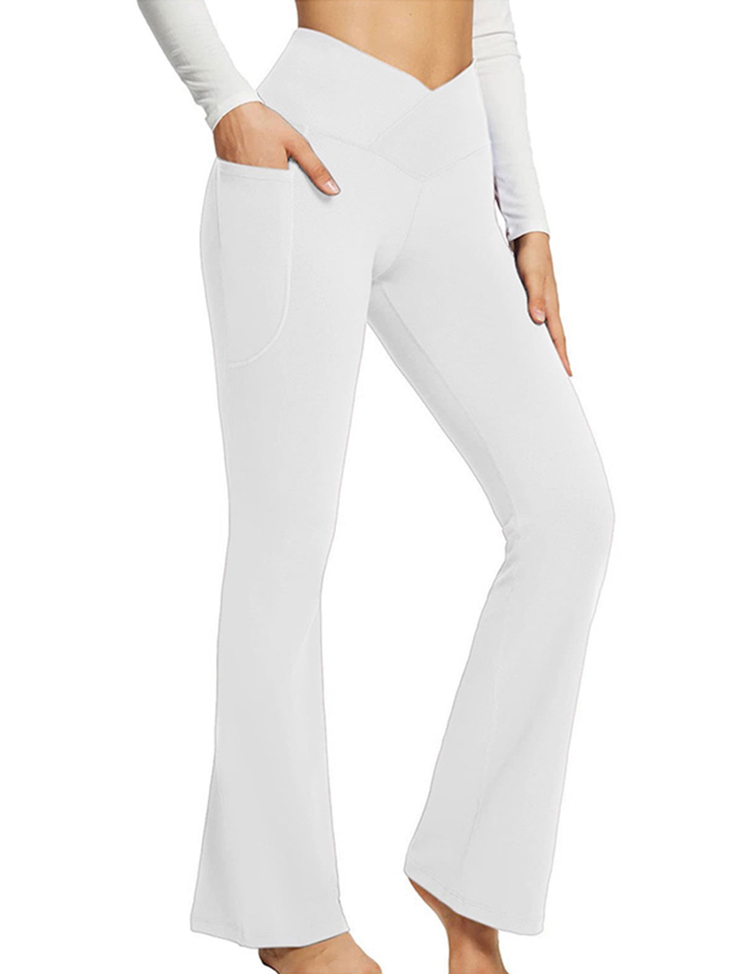 Frontwalk Women's Flare Yoga Pants Crossover High Waisted Casual Bootcut  Leggings White M