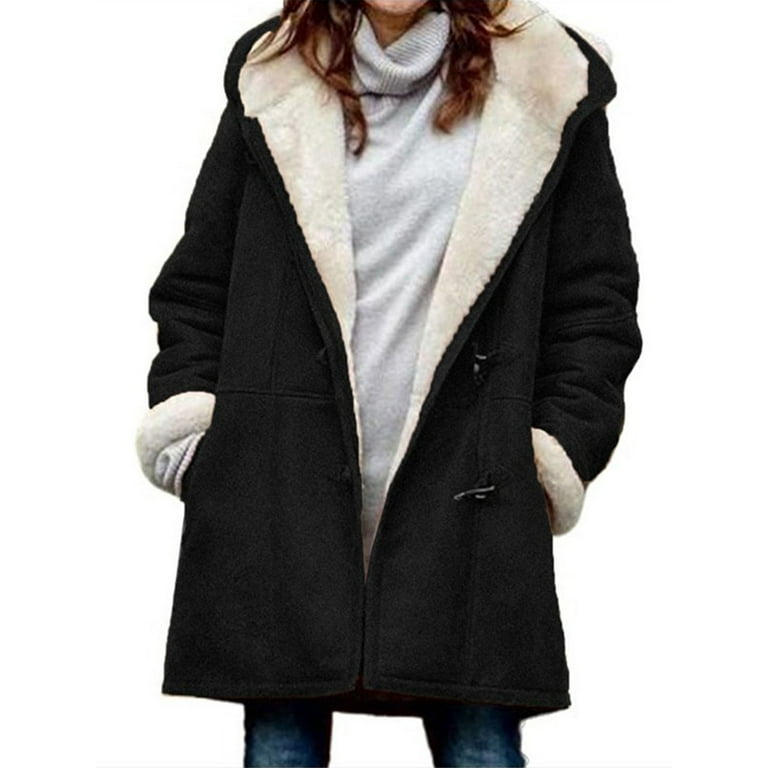 Frontwalk Women s Lapel Sherpa Fleece Lined Jacket Winter Warm Button Down Coat Outerwear with Pocket and Hoodie Walmart