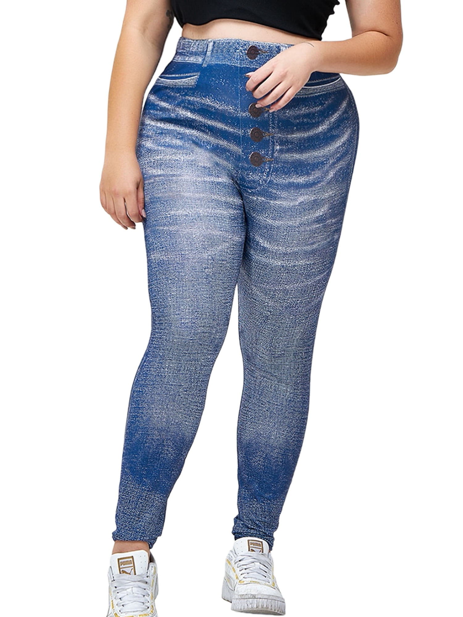 Plus Size Seamless High Waist Print Jeggings - Denim