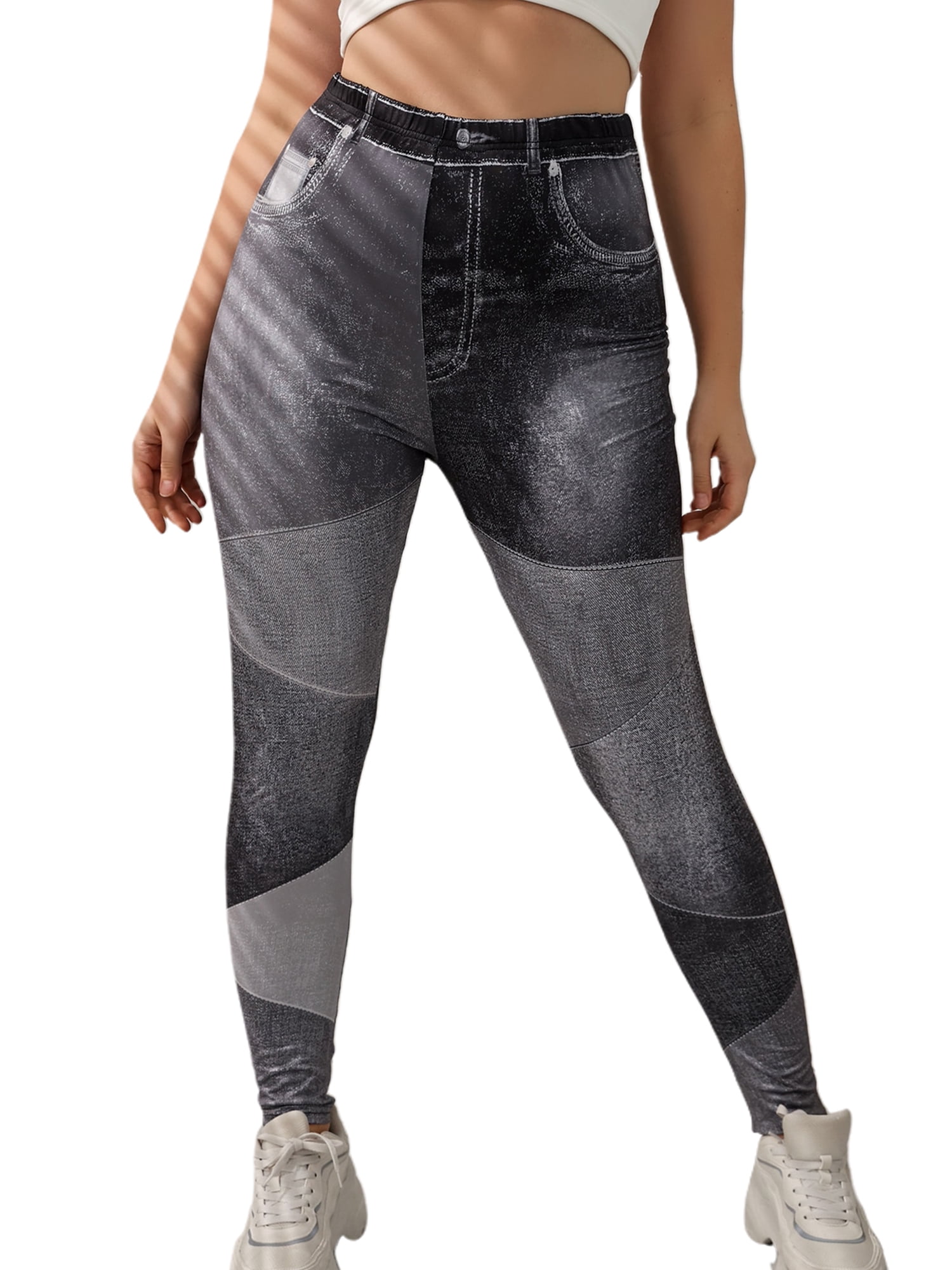 Frontwalk Women Plus Size Leggings Look Print Fake Jeans High