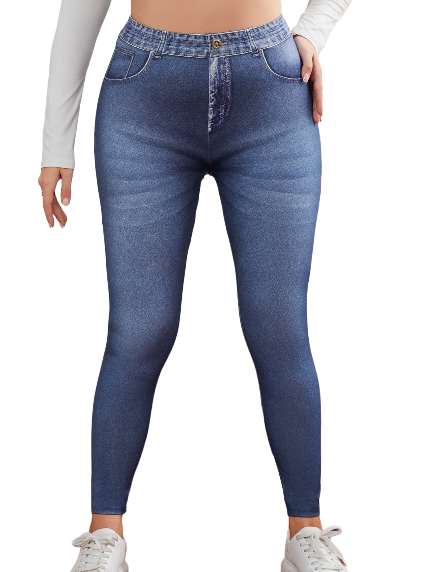 MAWCLOS Ladies Faux Jeans Pant Solid Color Jeggings Tummy Control Leggings  Stretch Running Denim Print Trousers Light Blue XS 