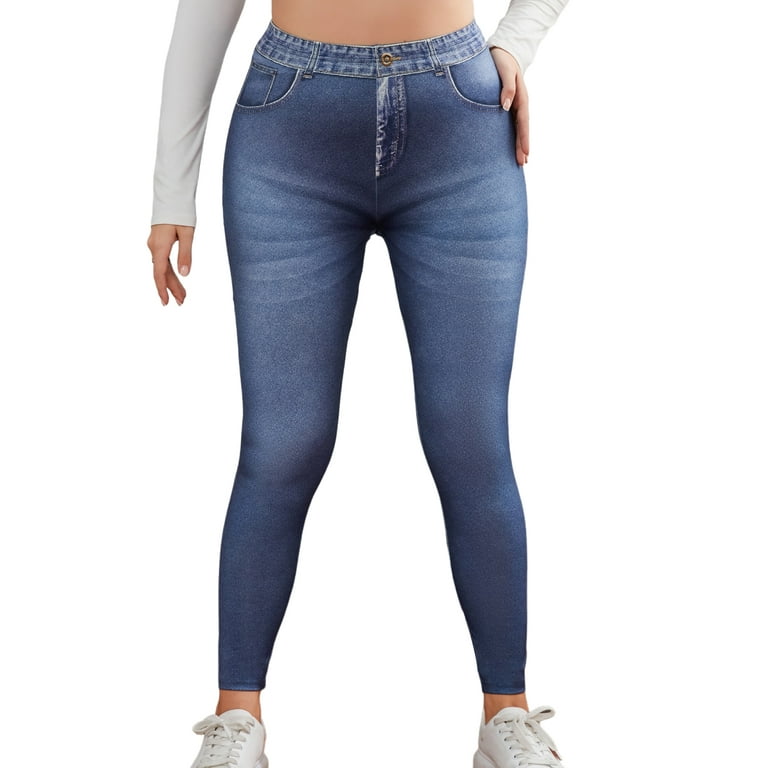 Frontwalk Women's Plus Size Jean Look Leggings High Waist Slim Skinny  Jeggings with Pockets Seamless Fake Denim Pants Blue 4XL