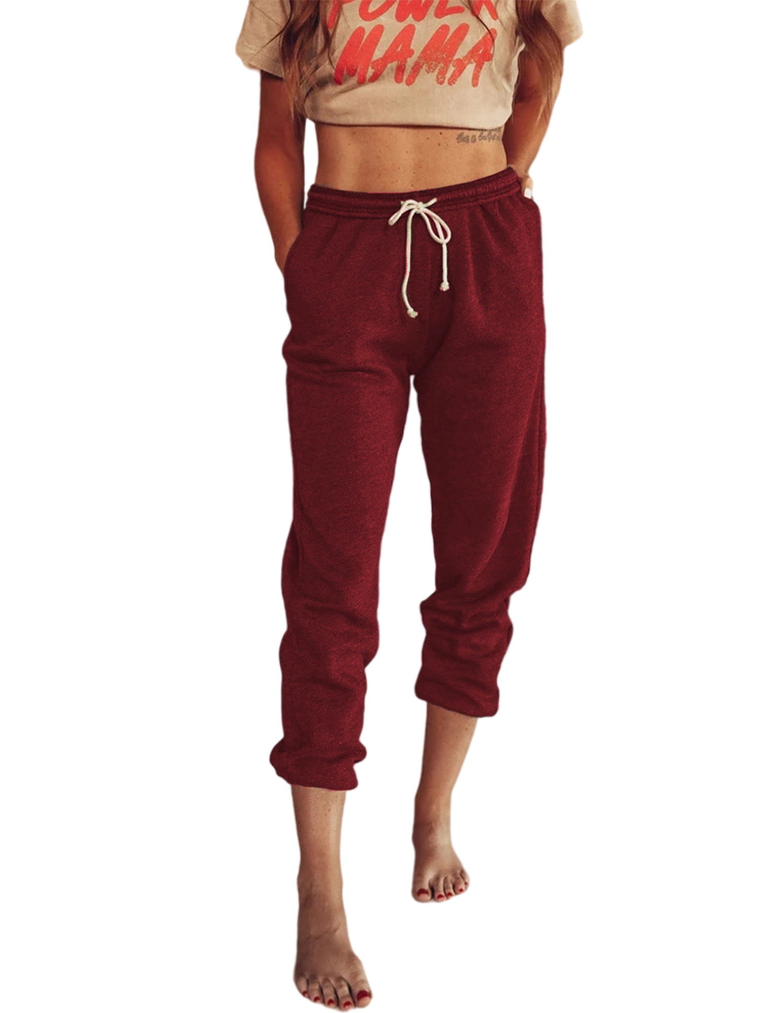 Frontwalk Womens Athletic Works Pants Pockets Drawstring Stretchy Joggers  Sweatpants Solid Color Casual Loose Fit Lounge Trousers 