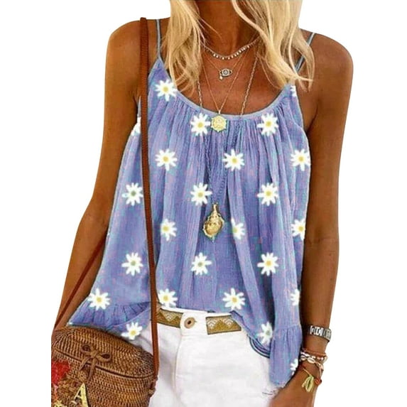 Frontwalk Womens Boho Floral Daisy Print Shirts Spaghetti Straps Tank Top Summer Sleeveless Blouse Vest Purple XXL