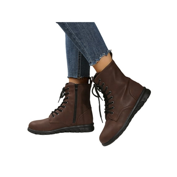 Frontwalk Womens Booties Side Zip Ankle Boots Lace Up Combat Boot Walking Non Slip Shoes Women Casual Dark Brown 6