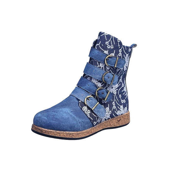 Frontwalk Womens Booties Zip Up Ankle Boot Mid Calf Flat Boots Casual Retro Bootie Ladies Buckle Strap Winter Shoes Blue 10.5