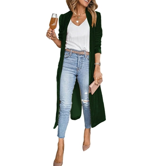 Frontwalk Womens Cardigan Coat Long Sleeve Blazer Jacket for Winter Drape Collar Soft Golden Velvet Open Front Pockets Retro Outerwear