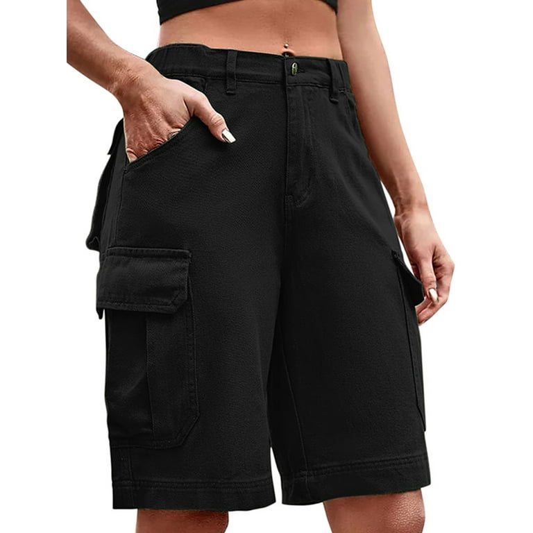 Frontwalk Womens Cargo Shorts Summer Casual Bottoms Button Beach Shorts Solid Color Mid Waist Mini Pant Ladies Holiday Bermuda Hot Pant with Pockets Black 2XL Walmart