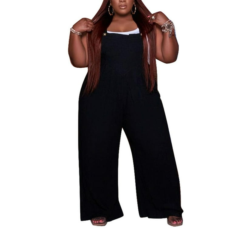 Frontwalk Womens Casual Overalls Plus Size Sleeveless Jumpsuit with Pockets Wide  Leg Romper Travel Plain Palazzo Pants Black 2XL 
