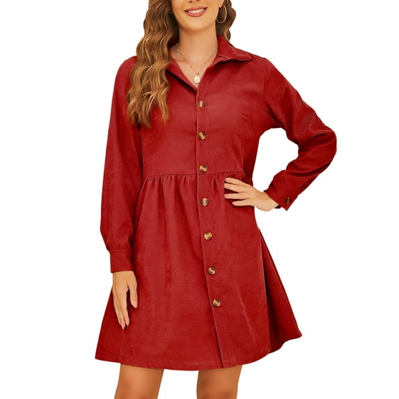Frontwalk Womens Corduroy Shirt Dress Buttons Down Lapel Long Sleeve Solid Color Waisted Loose Fall Knee Length Dress