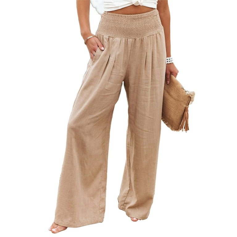 Women Elastic Waist Beach Trousers Yoga Casual Cotton Linen Baggy Wide Leg  Pants