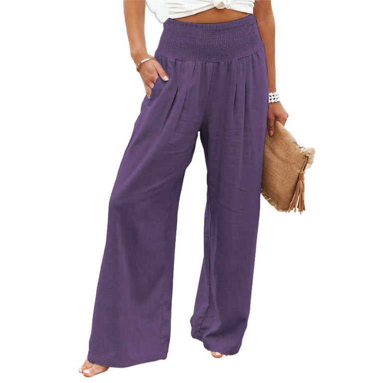 Frontwalk Womens Cotton Linen Loose Fit Casual Pants Elastic Waist Yoga  Summer Beach Trousers Pants with Pockets Purple XL 