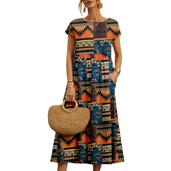 Frontwalk Womens Dresses Summer Floral Beach Sundress Ladies Short Sleeve Crew Neck Maxi Long Dress with Pocket Black S