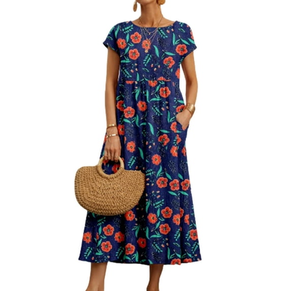 Frontwalk Womens Dresses Summer Floral Beach Sundress Ladies Short Sleeve Crew Neck Maxi Long Dress with Pocket Blue Red Flower S
