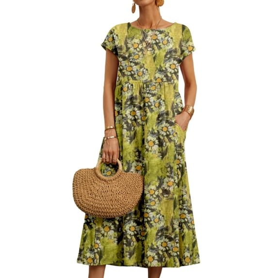 Frontwalk Womens Dresses Summer Floral Beach Sundress Ladies Short Sleeve Crew Neck Maxi Long Dress with Pocket Yellow 2XL