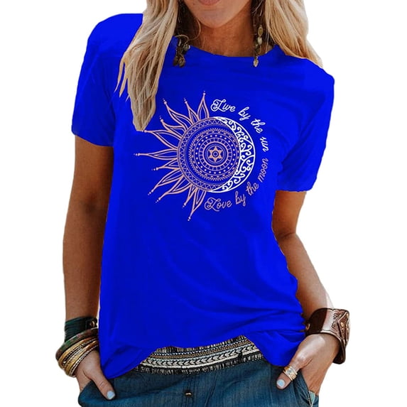 Frontwalk Womens Graphic Tees Crew Neck Tops Moon and Sun Printed Short Sleeve T Shirts Royal Blue M