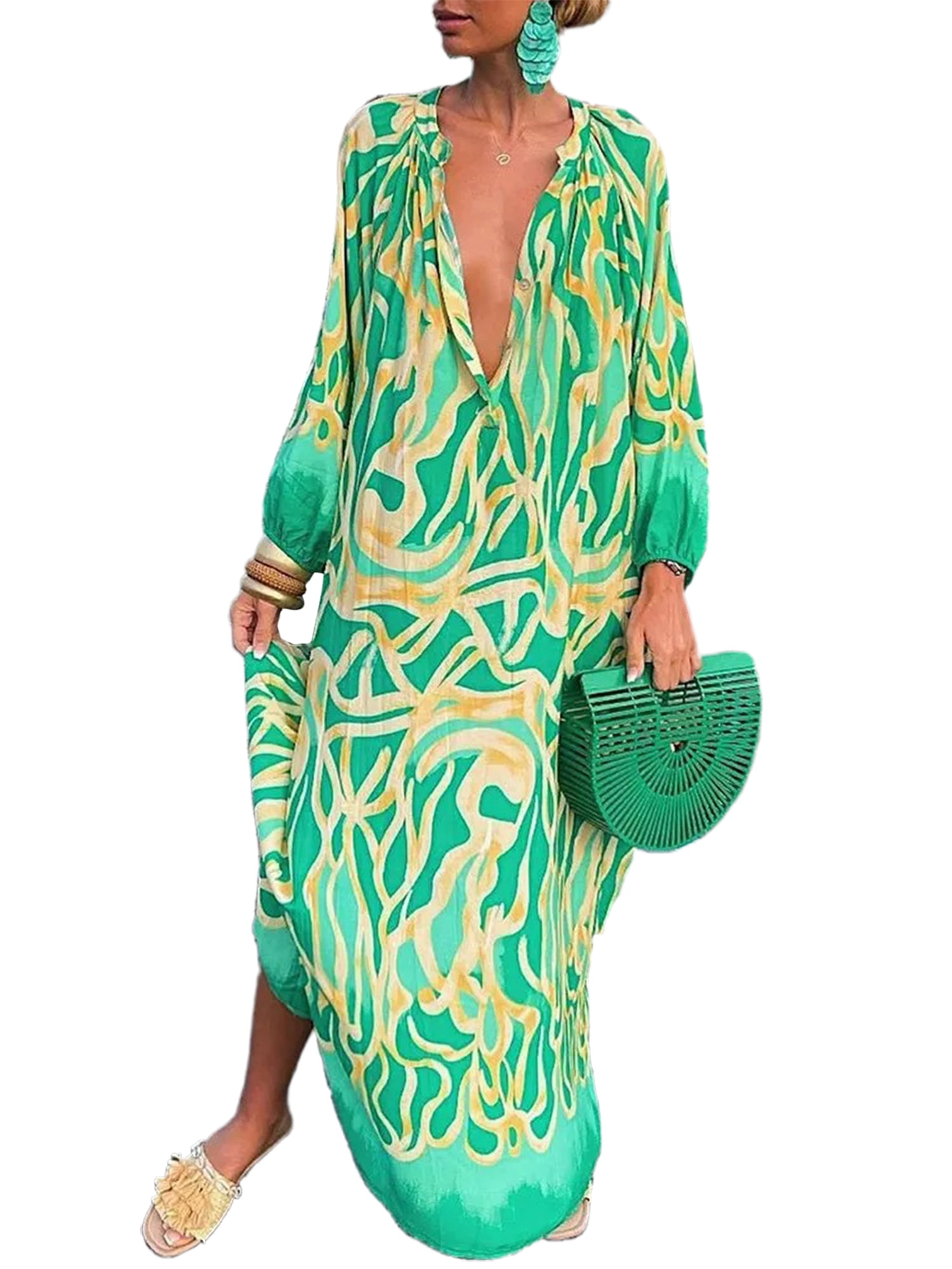 Frontwalk Womens Kaftan Zebra Print Maxi Long Dresses Casual Loose Shirt  Dress Spring Fall Button Down Dress Green M - Walmart.com