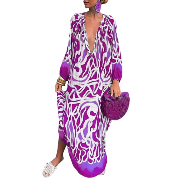 Frontwalk Womens Kaftan Zebra Print Maxi Long Dresses Casual Loose Shirt Dress Spring Fall Button Down Dress Purple S