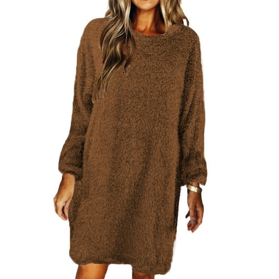 Frontwalk Womens Long Fuzzy Fleece Sweatshirt Pullover Fluffy Thermal Oversized Baggy Sweater Dress Round Neck Tunic Dress
