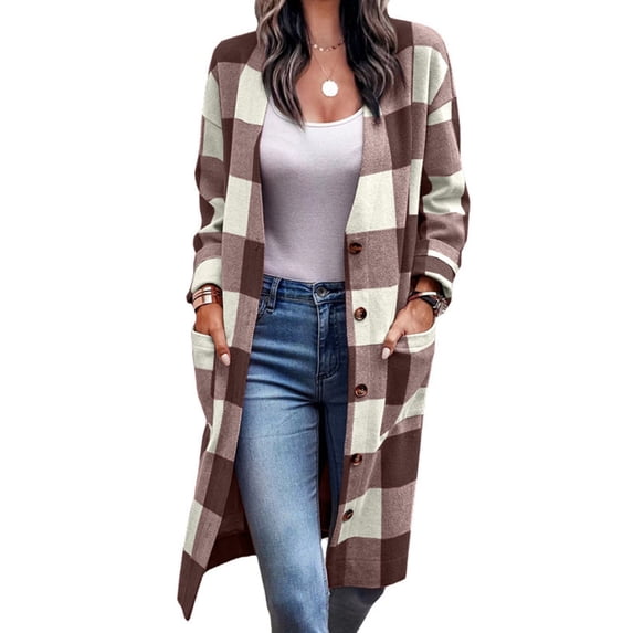 Frontwalk Womens Long Plaid Shacket Jackets Wool Blend Button Down Shirt Jacket Coat With Pockets Light Brown XL