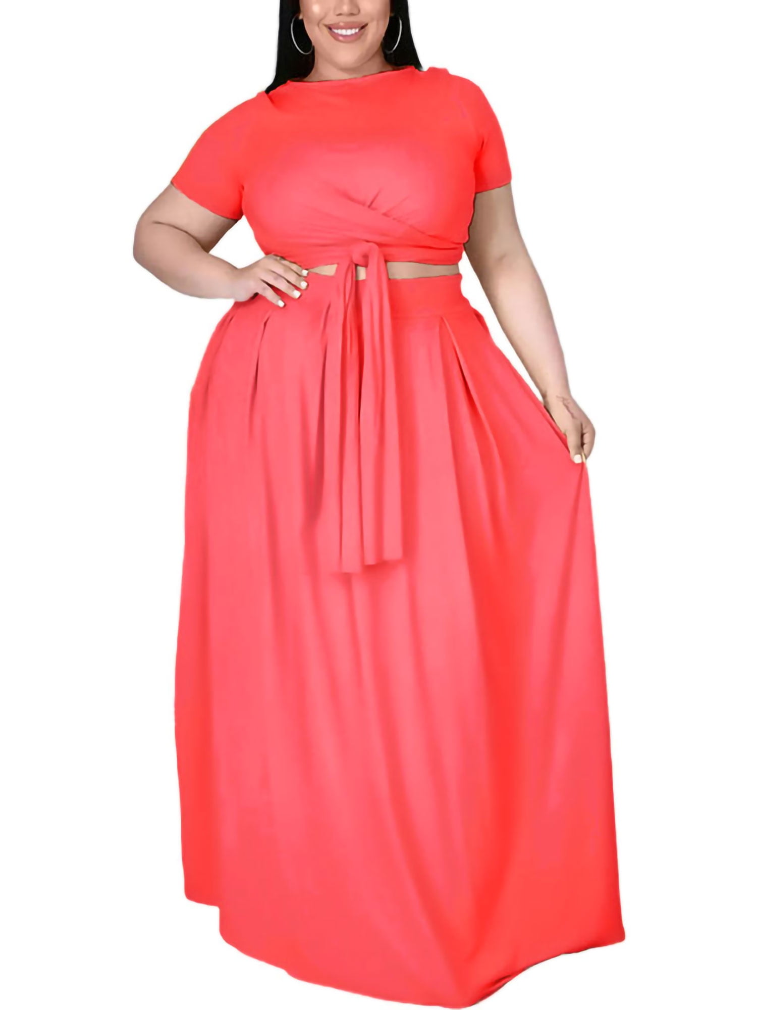Frontwalk Womens Plus Size 2 Piece Outfits Long Sleeve Crop Top and Maxi  Long Skirt Set Summer Casual Bodycon Set 