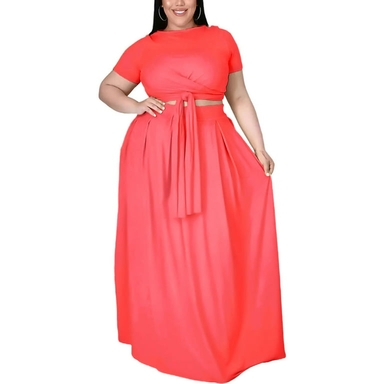 Frontwalk Womens Plus Size 2 Piece Outfits Long Sleeve Crop Top and Maxi  Long Skirt Set Summer Casual Bodycon Set 