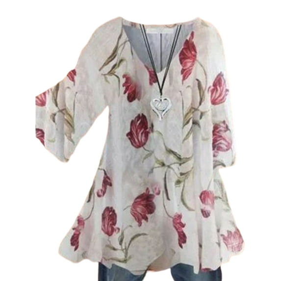 Frontwalk Womens Ruffle 3/4 Sleeve V-Neck Blouse Beach Floral Kaftan Baggy Tunic Shirt Tops Ladies Boho Loose Flowy Tops Size S-3XL 4 L