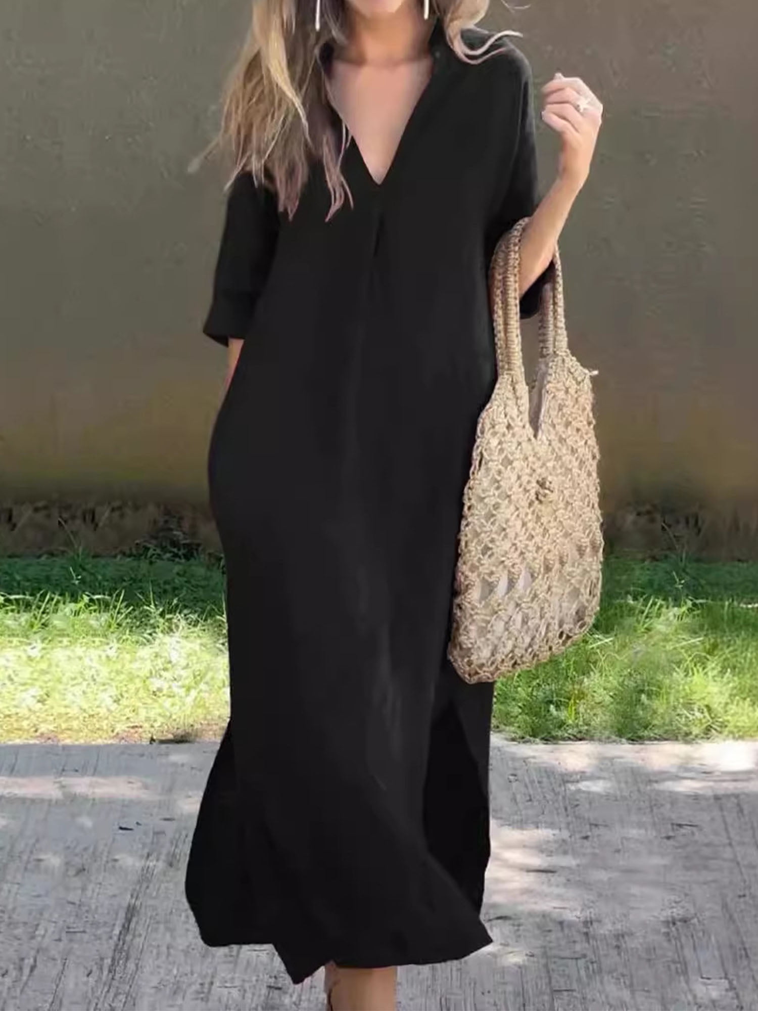 Lumento Womens Side Slit Maxi Shift Dress V-Neck Loose Dresses Ladies 3/4  Sleeve Cotton Linen Long Dress Black 3XL - Walmart.com