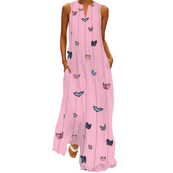 Frontwalk Womens Sleeveless Pockets V-Neck Long Maxi Dress Casual Bohemian Butterfly Print Long Dress