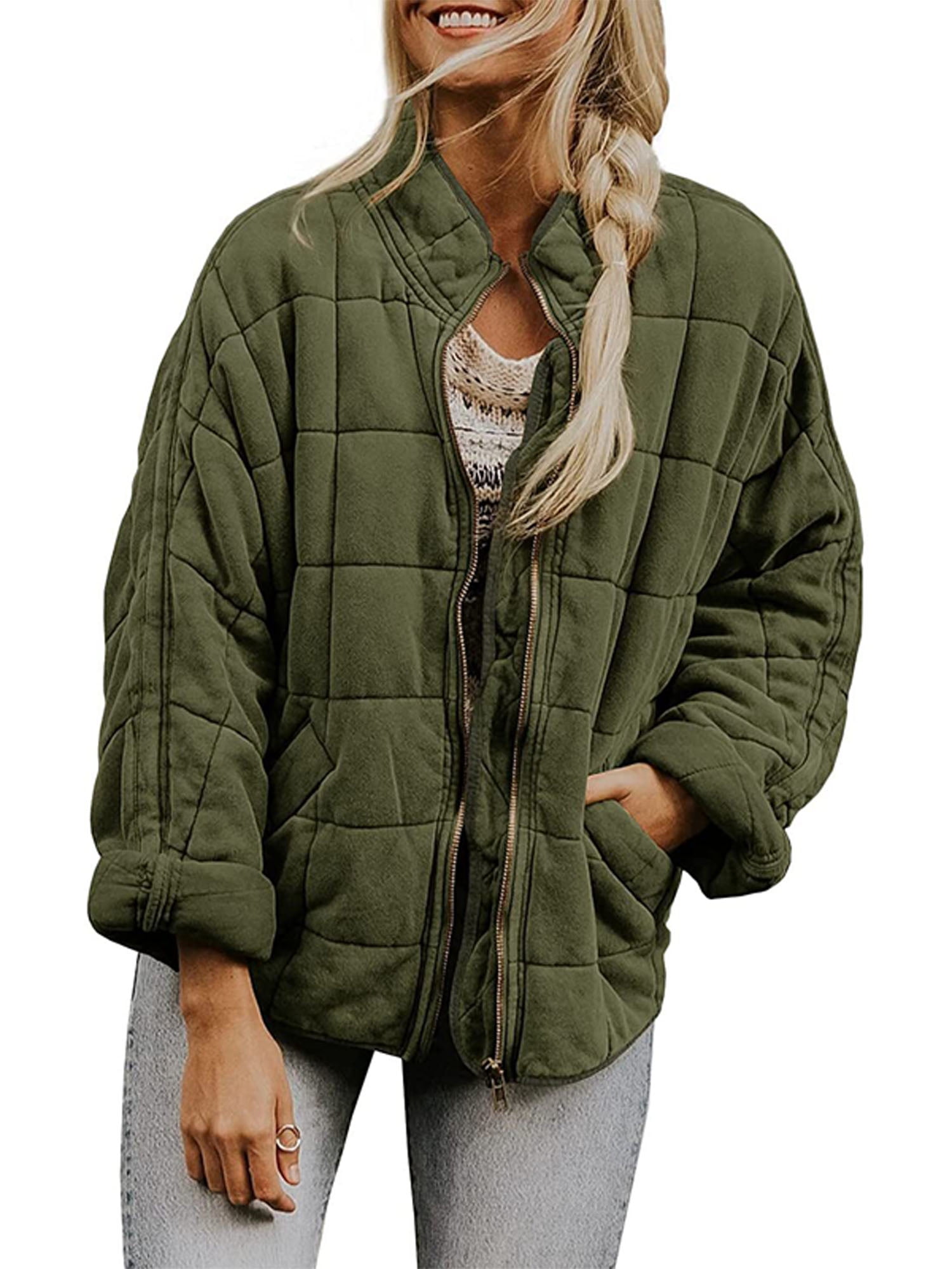 Frontwalk Womens Stylish Quilted Jacket Winter Coats Outwear Solid Color  Lightweight Padded Jacket with Pockets Fashion Coat