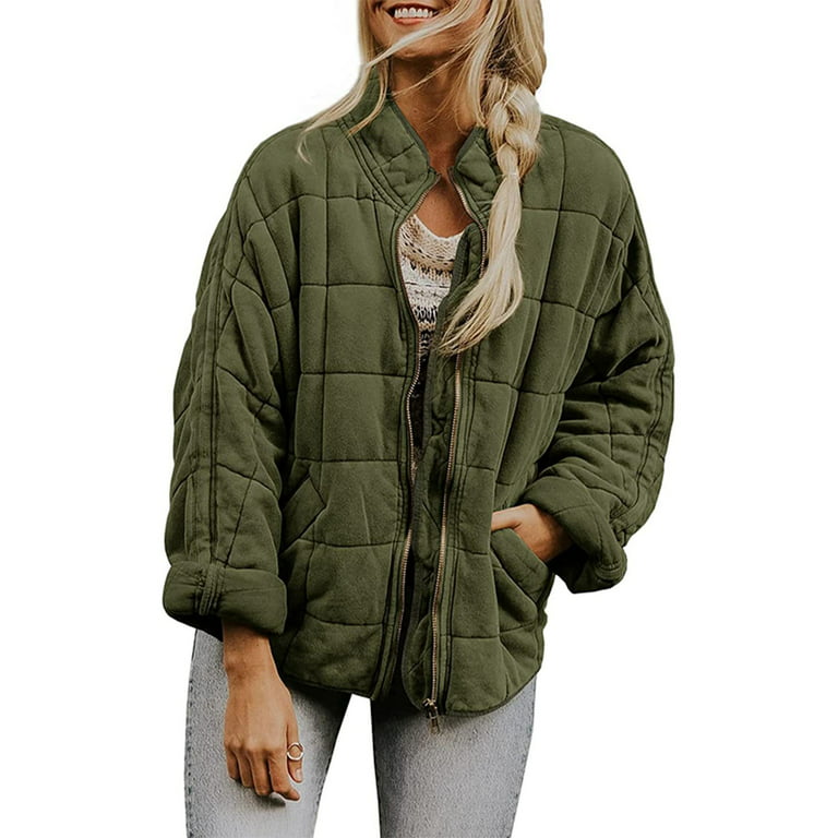 Frontwalk Womens Stylish Quilted Jacket Winter Coats Outwear Solid Color  Lightweight Padded Jacket with Pockets Fashion Coat