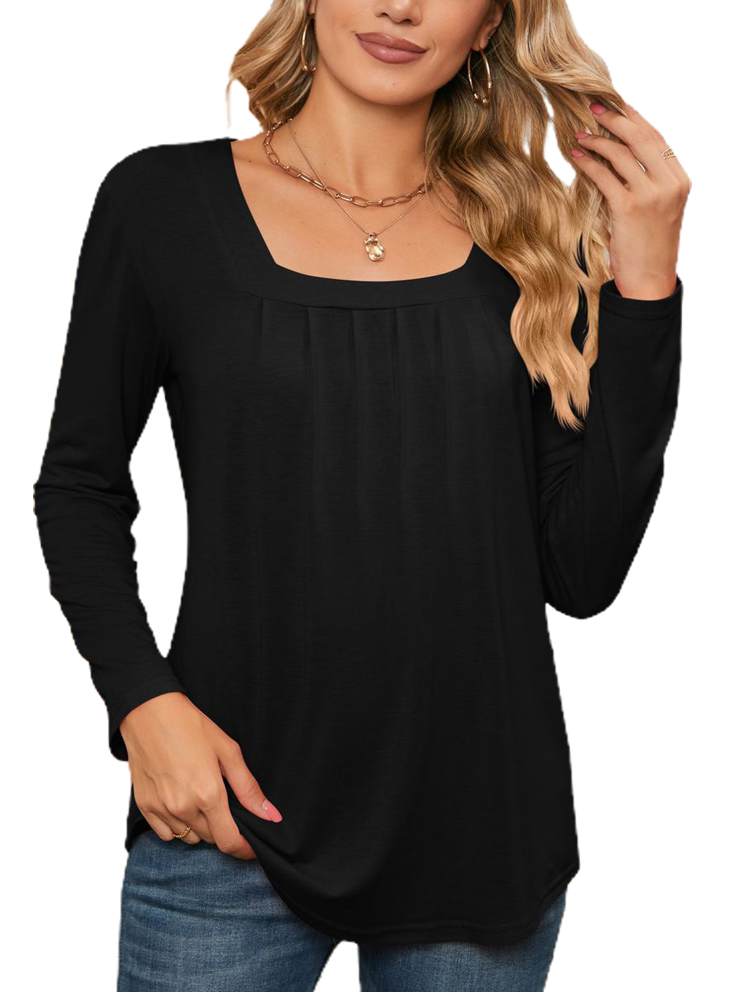 Womens fall fashion tops with pleated crew neck and casual design