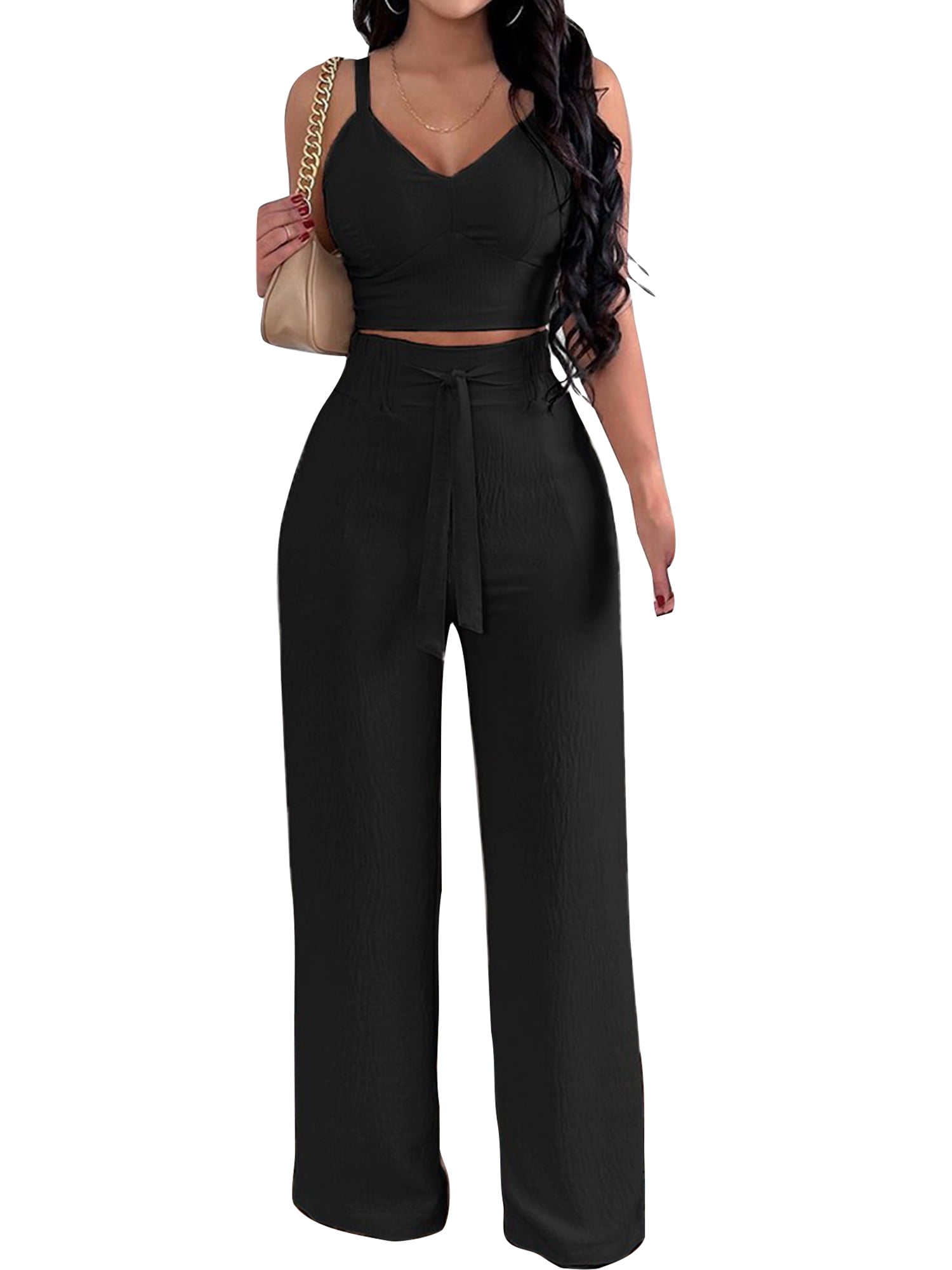 Frontwalk Womens Two Piece Outfits Summer Pants Suit Vacation Crop Camis  Tank Top High Waisted Wide Leg Pants Boho Casual Long Pant Set Black L 