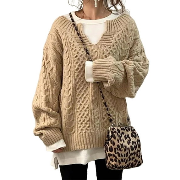 Frontwalk Womens V Neck Sweaters Long Sleeve Cable Knit Pullover Jumper Tops Casual Winter Fall Chunky Knitwear Outwear