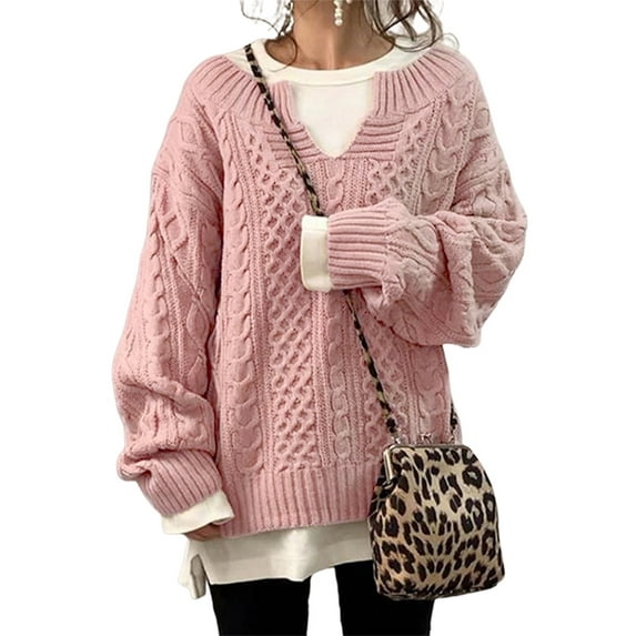 Frontwalk Womens V Neck Sweaters Long Sleeve Cable Knit Pullover Jumper Tops Casual Winter Fall Chunky Knitwear Outwear