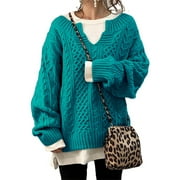 Frontwalk Womens V Neck Sweaters Long Sleeve Cable Knit Pullover Jumper Tops Casual Winter Fall Chunky Knitwear Outwear