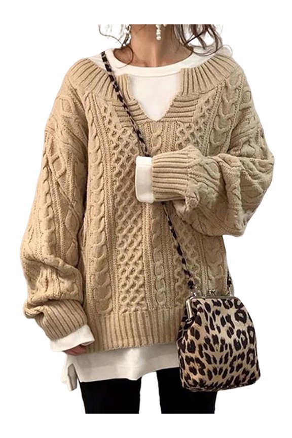 Womens V Neck Sweaters Long Sleeve Cable Knit Pullover Jumper Tops Casual Winter Fall Chunky Knitwear Outwear