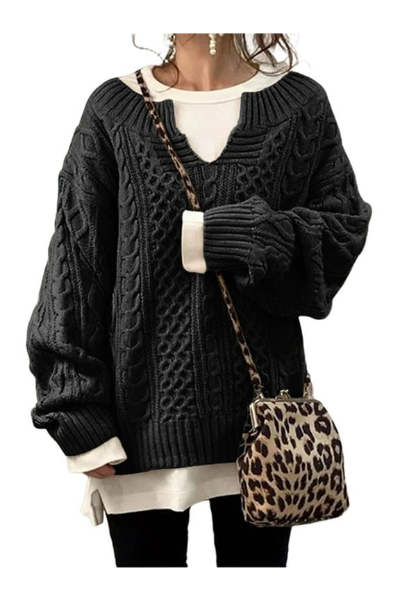 Womens V Neck Sweaters Long Sleeve Cable Knit Pullover Jumper Tops Casual Winter Fall Chunky Knitwear Outwear