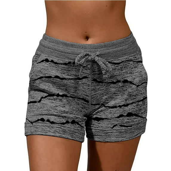 Frontwalk Ladies Hot Pants Printed Yoga Shorts Pocket Summer Short Workout Quick Dry Mini Trousers Elastic Waist Bottoms Stripe + dark gray M
