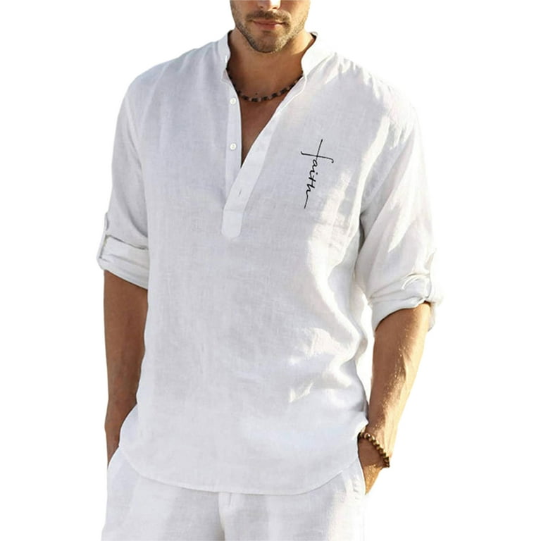 Frontwork Men Summer Beach Henley Linen Shirt Long Sleeve Loose Casual T  Shirts Roll Up Tops 3/4 Sleeve Solid T-Shirt