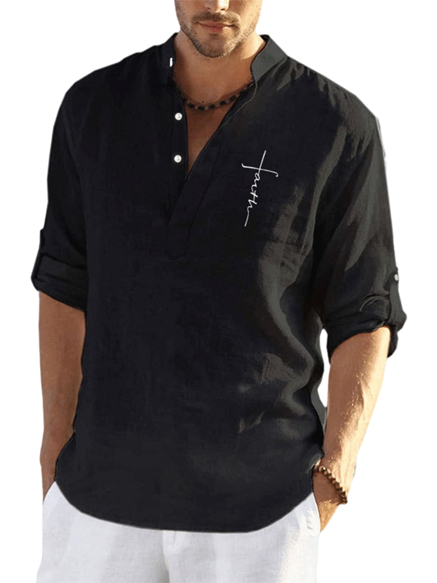 Frontwork Men Summer Beach Henley Linen Shirt Long Sleeve Loose Casual T  Shirts Roll Up Tops 3/4 Sleeve Solid T-Shirt 
