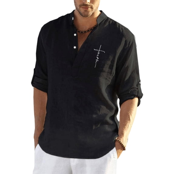 Frontwork Men Summer Beach Henley Linen Shirt Long Sleeve Loose Casual T Shirts Roll Up Tops 3/4 Sleeve Solid T-Shirt