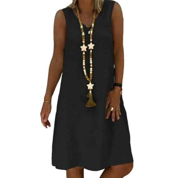 Frontwork Plus Size Cotton Linen Tank Dresses For Women V-Neck Solid Color Sundress Ladies Summer Holiday Party Dress Size S-5XL