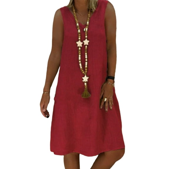 Frontwalk Ladies Casual Plain Sundress V Neck Comfy Midi Dress A-Line Beach Tank Dresses