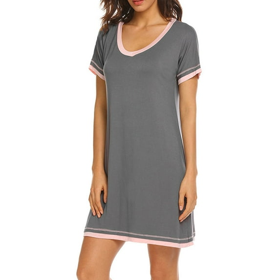 Frontwork Women Solid Casual Nightgown Dress Long Mini Shirt Nightdress Ladies Pajamas Sleep Dress Nightwear Lounge Wear Short Dress