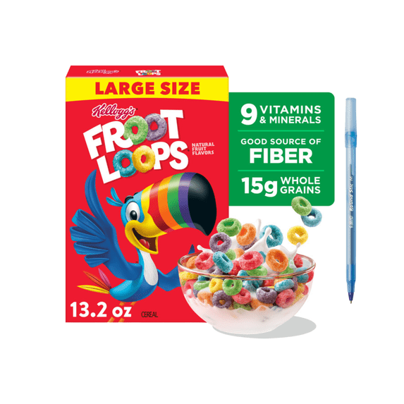 Froot Loops Breakfast Cereal, Good Source of Fiber, 15g Whole Grains, Large Size 13.2 oz