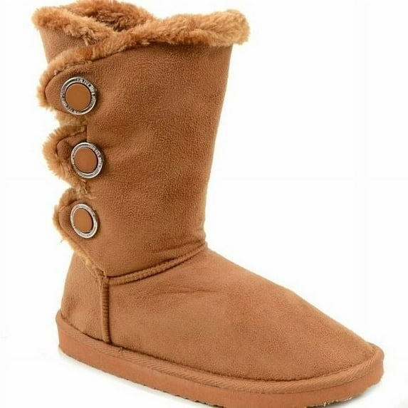 Frost-21 Camel Furry Button Flat Vegan Suede Mid-Calf Boots