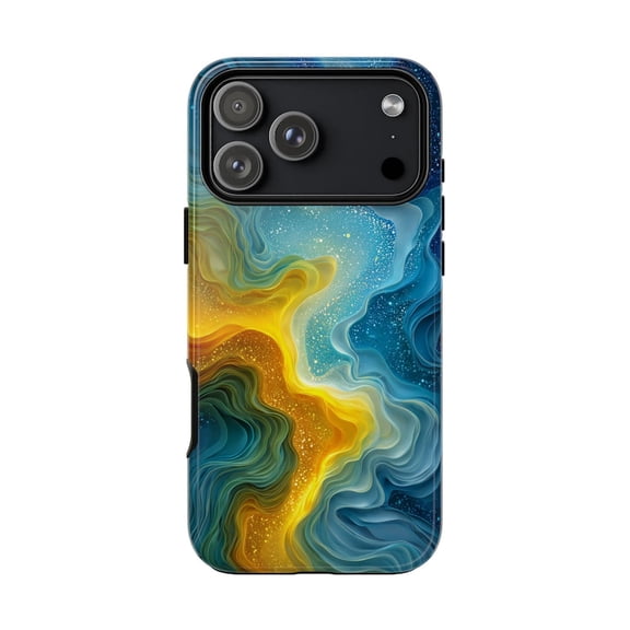 Frost Blue Solar Yellow Liquid Waves Abstract Artistic Protective Phone Case for iPhone 11 12 13 14 15 16 17 Pro Max