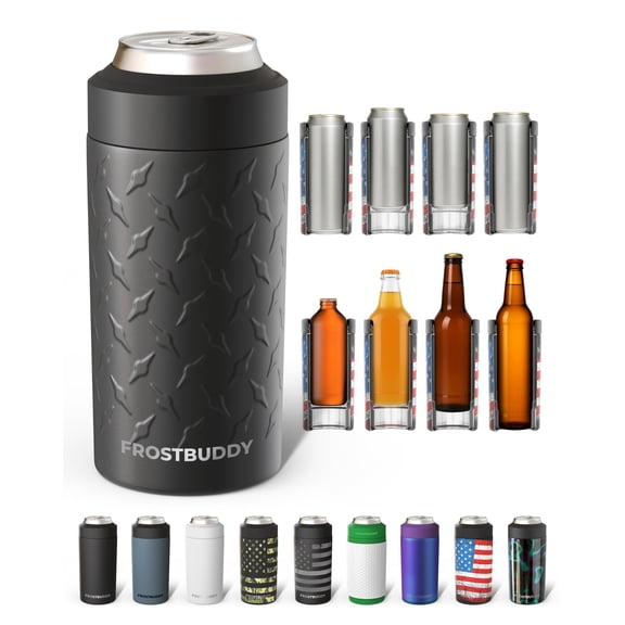 Frost Buddy Universal Can Cooler - Fits all - Stainless Steel Can Cooler for 12 oz & 16 oz Regular or Slim Cans & Bottles - Stainless Steel (Diamond Plate - Black)