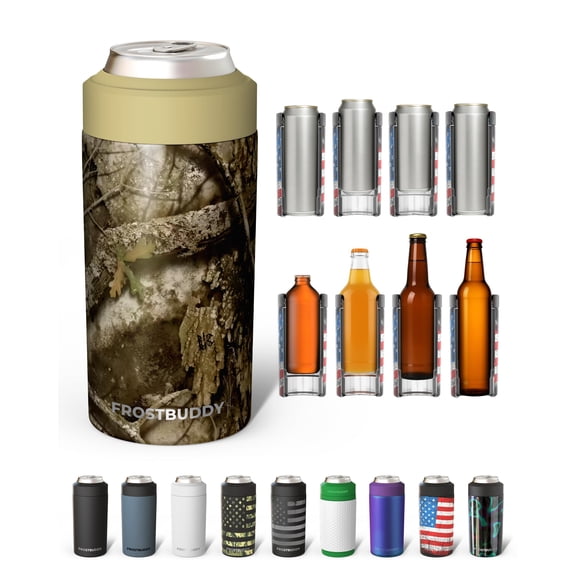Frost Buddy Universal Can Cooler - Fits all - Stainless Steel Can Cooler for 12 oz & 16 oz Regular or Slim Cans & Bottles - Stainless Steel (RealTree APX)